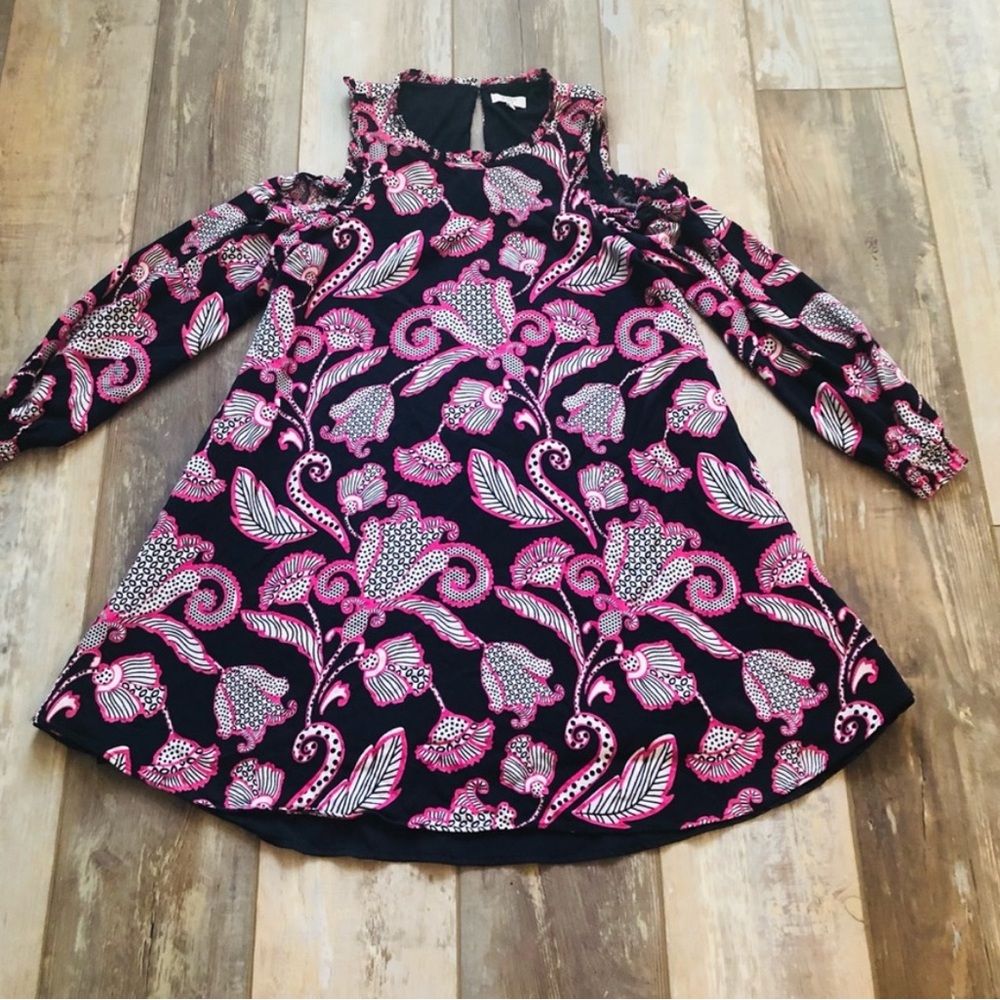 New CROWN & IVY Ruffle Neck Dress Cold Shoulder Paisley Blue Pink White Sz L - Picture 6 of 6
